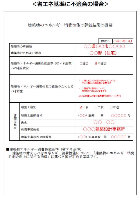 省エネ基準に適合していない場合の記載例の画像